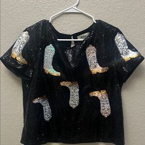 Black Sequin Boot Pattern Crop Top
